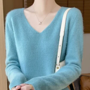 Merino Wool V-Neck Knit Pullover Women’s Warm Long Sleeve Basic Sweater Top