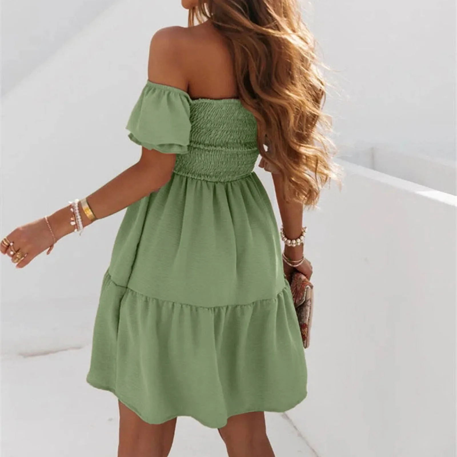Puff Sleeve Off Shoulder Dress Women’s Plus Size Summer Midi Outfit - Image 3