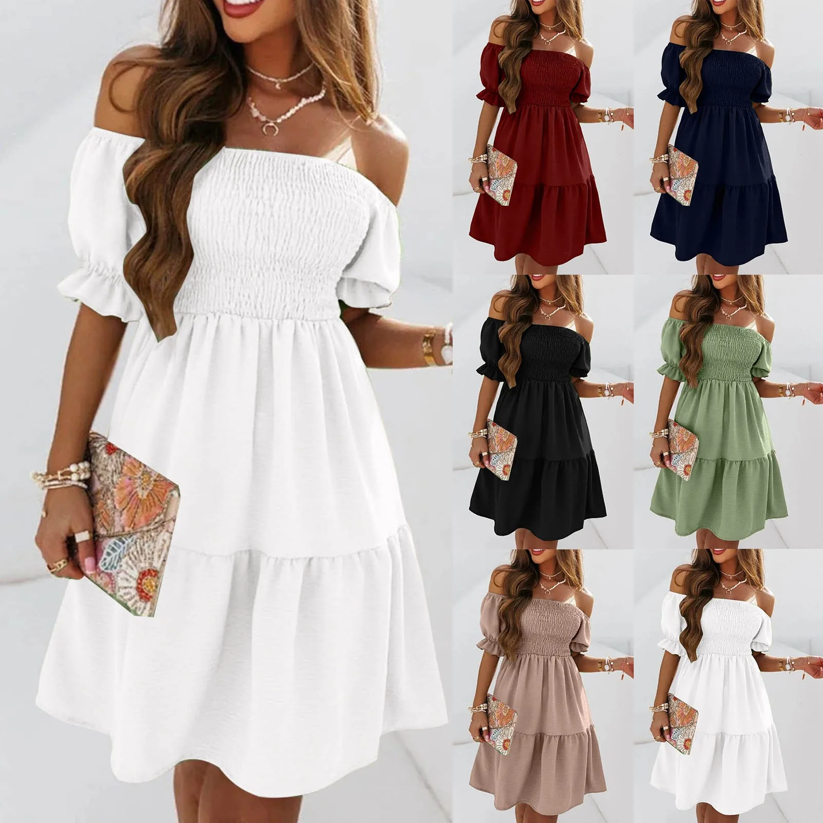 Puff Sleeve Off Shoulder Dress Women’s Plus Size Summer Midi Outfit