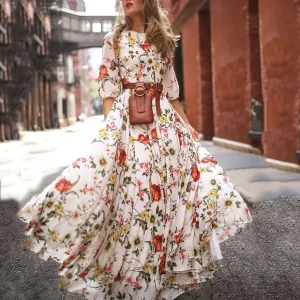 Floral Print Maxi Dress Women’s Elegant Long Sleeve Vintage Style