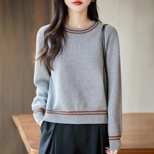 Women’s Cotton Color Block Pullover Casual O-Neck Loose Knit Sweater for Fall