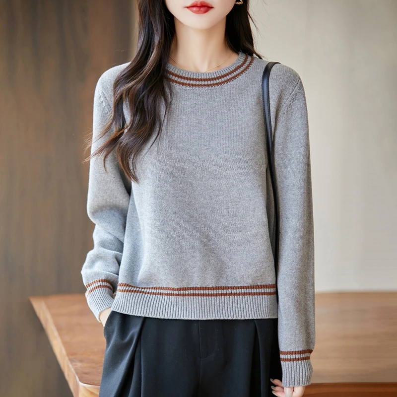 Women’s Cotton Color Block Pullover Casual O-Neck Loose Knit Sweater for Fall