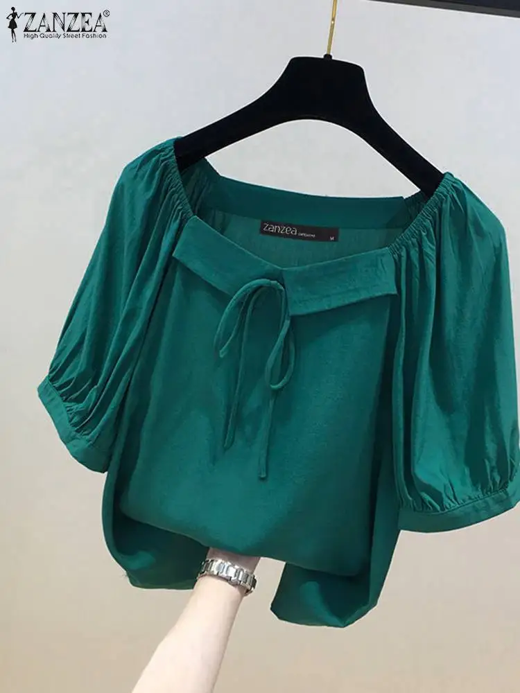 Square Collar Lace-Up Blouse Women’s Vintage Half Sleeve Korean Casual Top