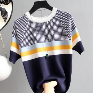 Women’s Vintage Striped Blouse Short Sleeve Elastic Fit Casual Summer Top