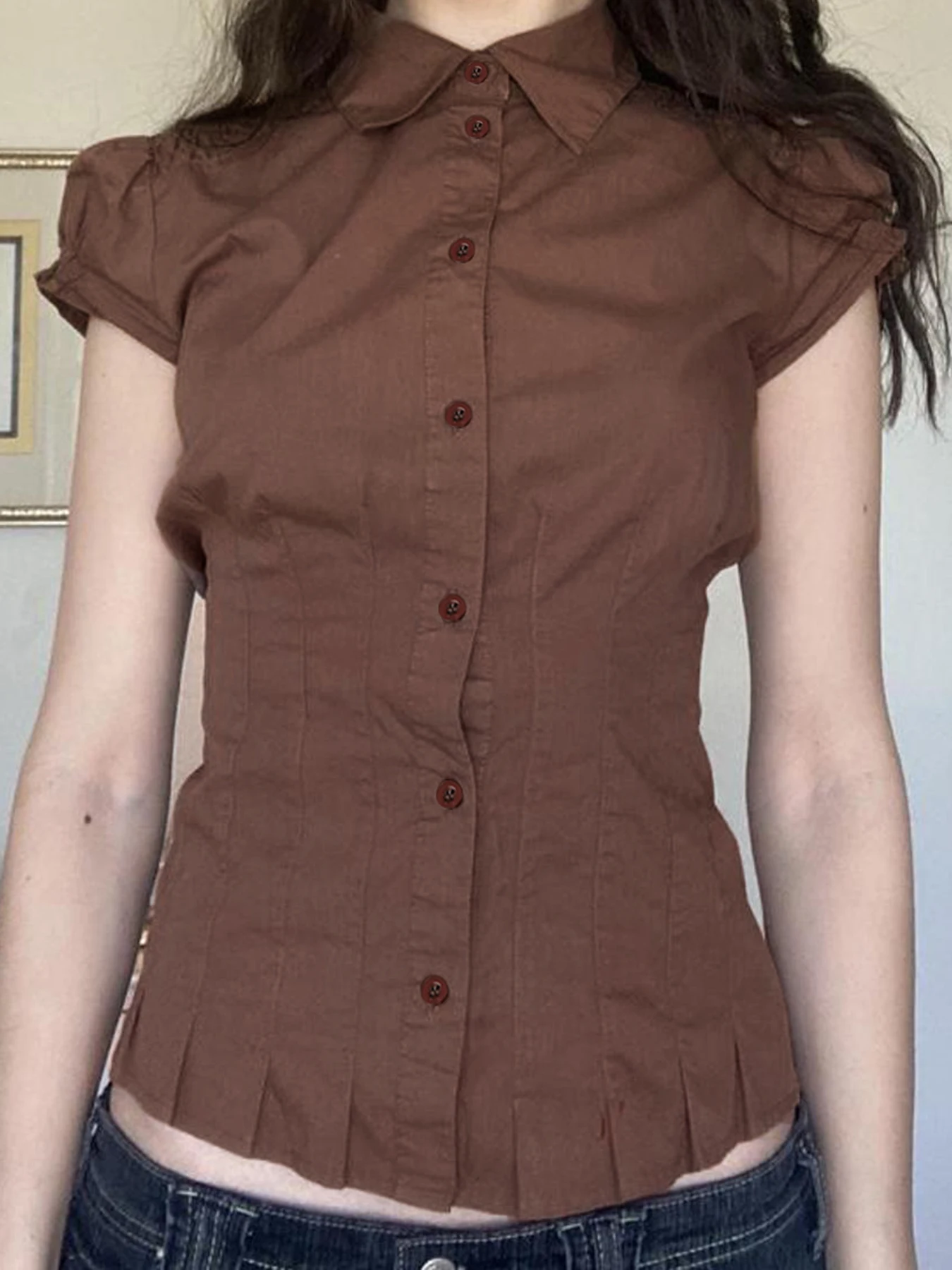 Brown Button Up Puff Sleeve Shirt Women’s Vintage Pleated Hem Casual Top