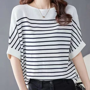 Striped Patchwork Half Sleeve Blouse for Women Casual Loose Fit Tunic Top