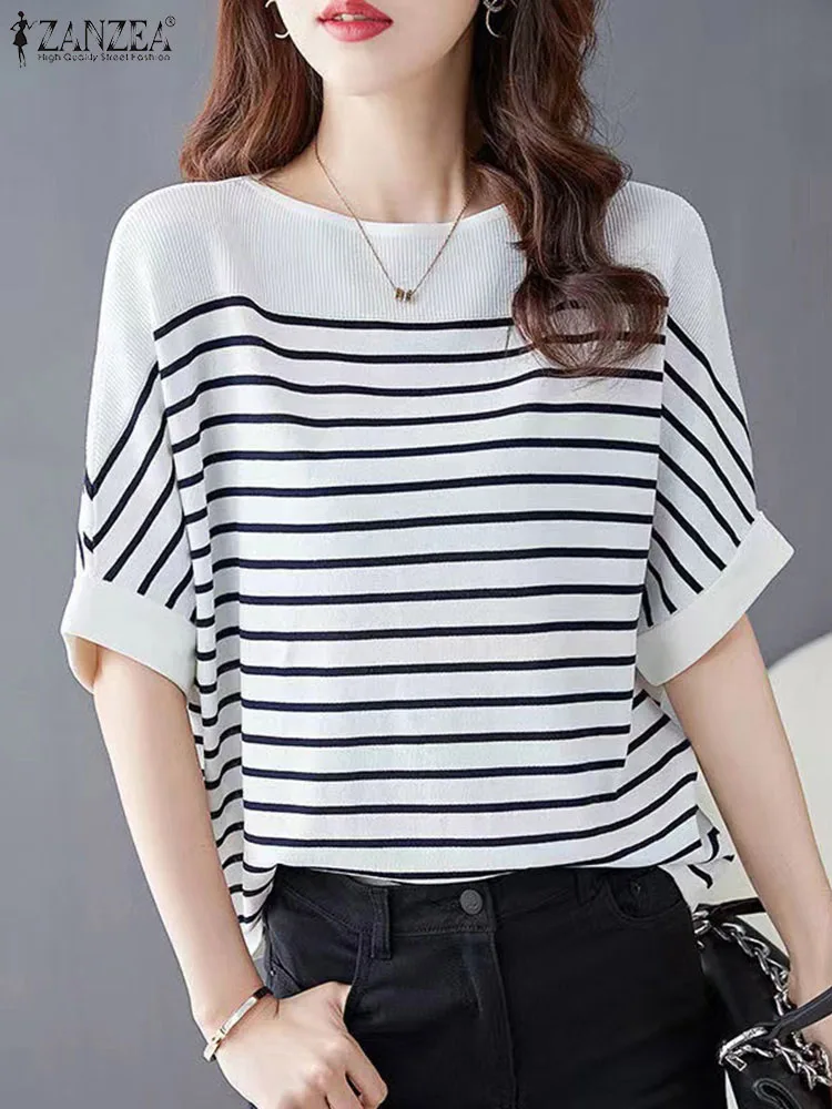 Striped Patchwork Half Sleeve Blouse for Women Casual Loose Fit Tunic Top