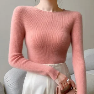 Simple O-Neck Merino Wool Slim Pullover Women’s Long Sleeve Knitwear Basic Top