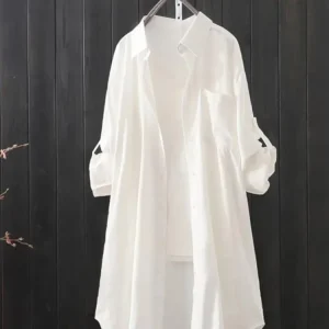 Long Loose White Shirt for Women Solid Color Casual Korean Style Summer Top