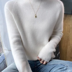 100% Merino Wool Mock Neck Pullover Thick Knit Long Sleeve Women’s Sweater