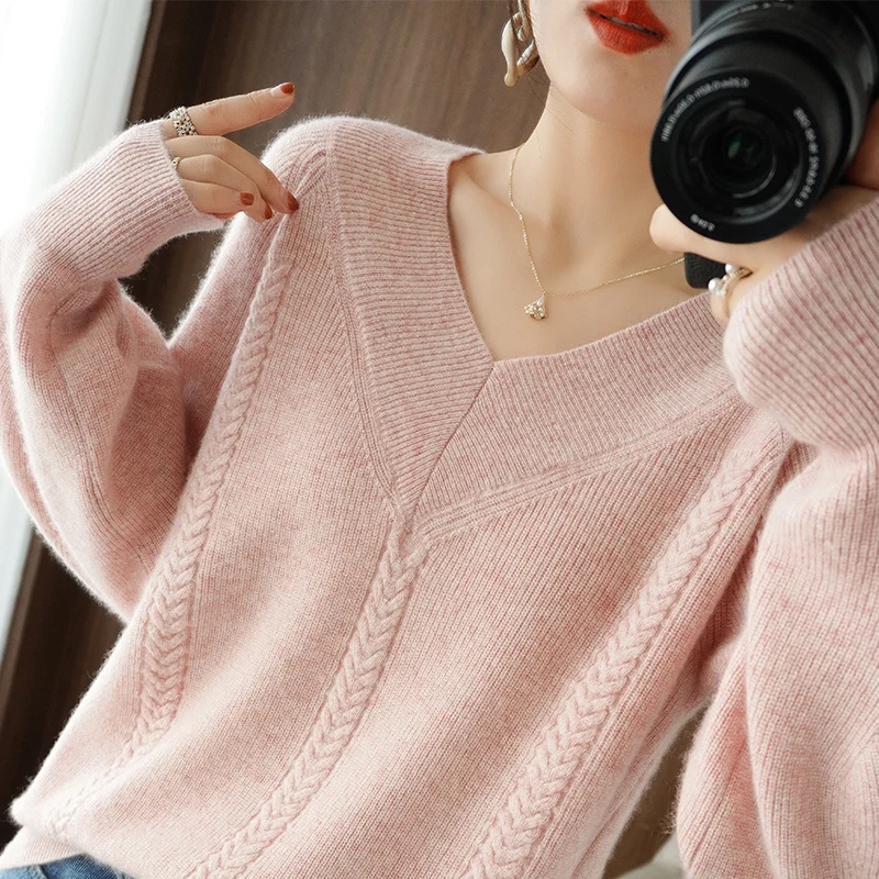 Merino Wool V-Neck Sweater for Women Twist Flower Knit Plush Warm Pullover Top