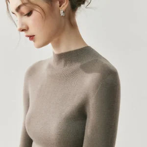 100% Wool Mock Neck Pullover for Women Machine Washable Lightweight Winter Sweater