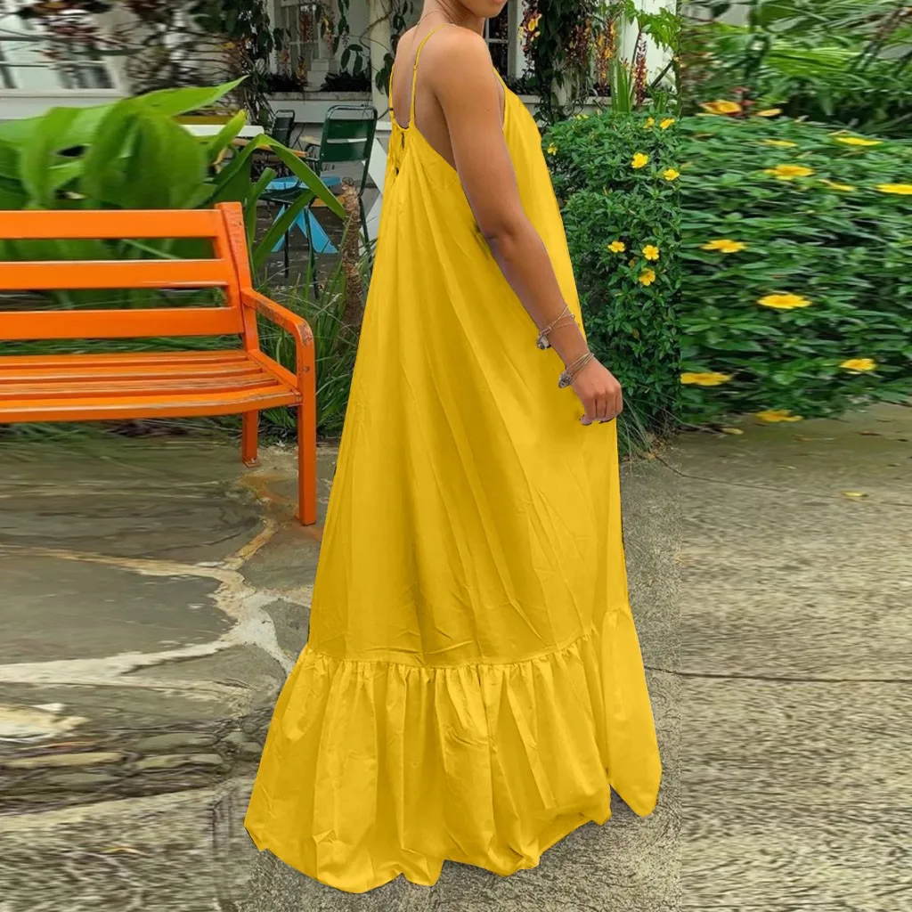 Loose Pocket Swing Dress Women’s Solid Backless Maxi Holiday Outfit