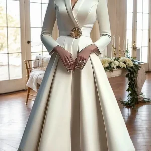 Pleated V-Neck Long Sleeve Midi Dress Women’s Elegant Office Party Outfit