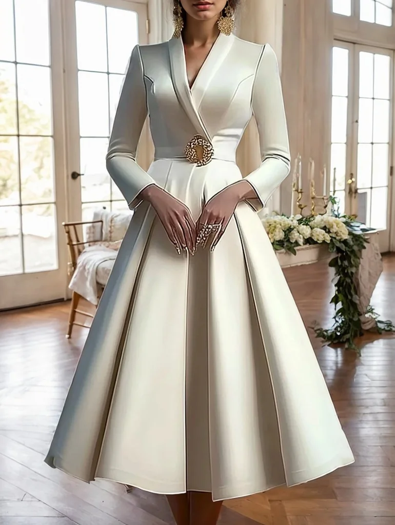 Pleated V-Neck Long Sleeve Midi Dress Women’s Elegant Office Party Outfit