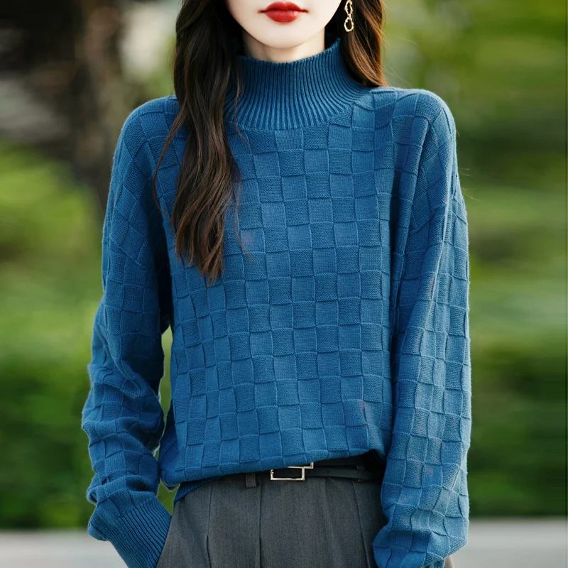 Women’s 100% Cotton Half High Collar Sweater Square Pattern Loose Knit Top for Fall