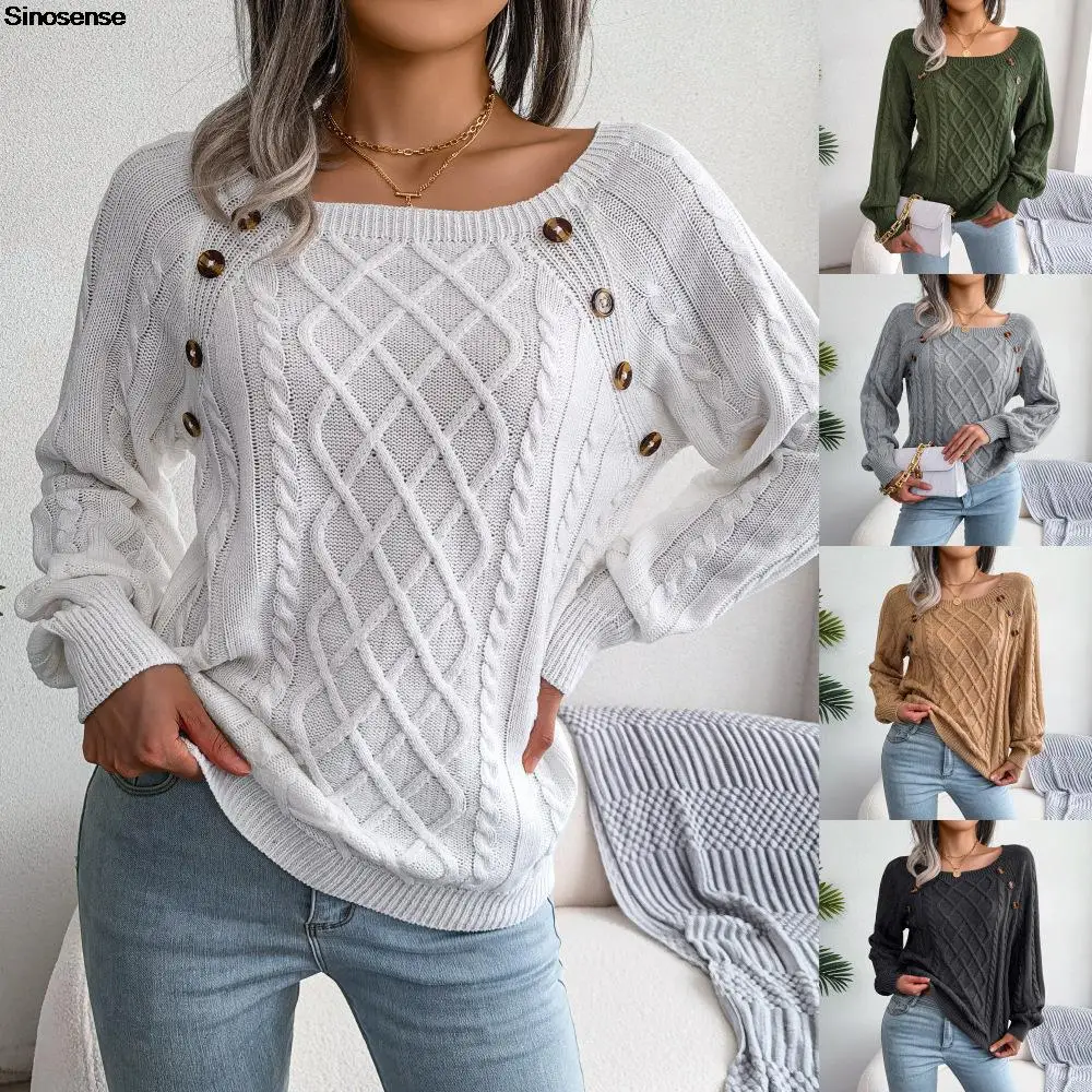 Women’s Cable Knit Sweater Square Neck Button Ribbed Pullover Loose Fit Winter Jumper Top