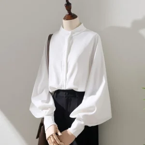 Lantern Sleeve Stand Collar Blouse for Women Loose Fit Elegant Casual Top
