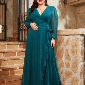 Plus Size Ruffled Chiffon Gown Women’s Long Sleeve Elegant Evening Dress