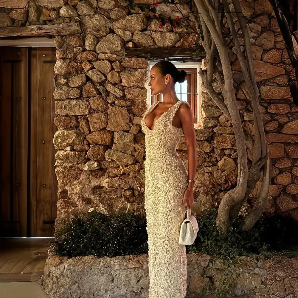 Flower Applique Mesh Maxi Dress Women’s Elegant V-Neck Party Gown - Image 4