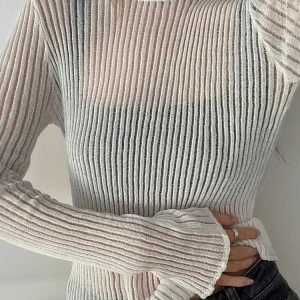 Ribbed Sheer Knit Pullover Women’s See-Through Hollow Out Long Sleeve Summer Top