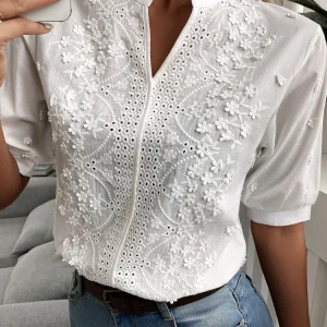 Floral Embroidery Lace Blouse Women’s Hollow Out V-Neck Short Sleeve Top