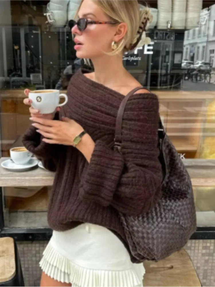 One Shoulder Ribbed Knit Sweater for Women Off Shoulder Long Sleeve Chic Pullover