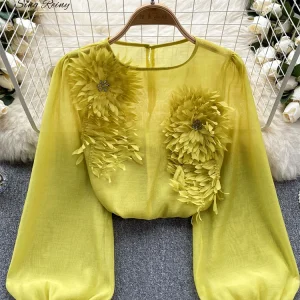 Women’s Sheer Satin O-Neck Long Sleeve Blouse Floral 3D Casual Elegant Top