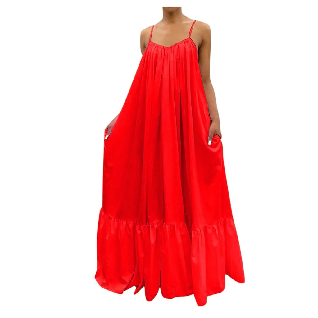 Loose Pocket Swing Dress Women’s Solid Backless Maxi Holiday Outfit - Image 3