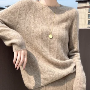 Merino Wool O-Neck Sweater for Women Soft Warm Knit Pullover Autumn Winter Top