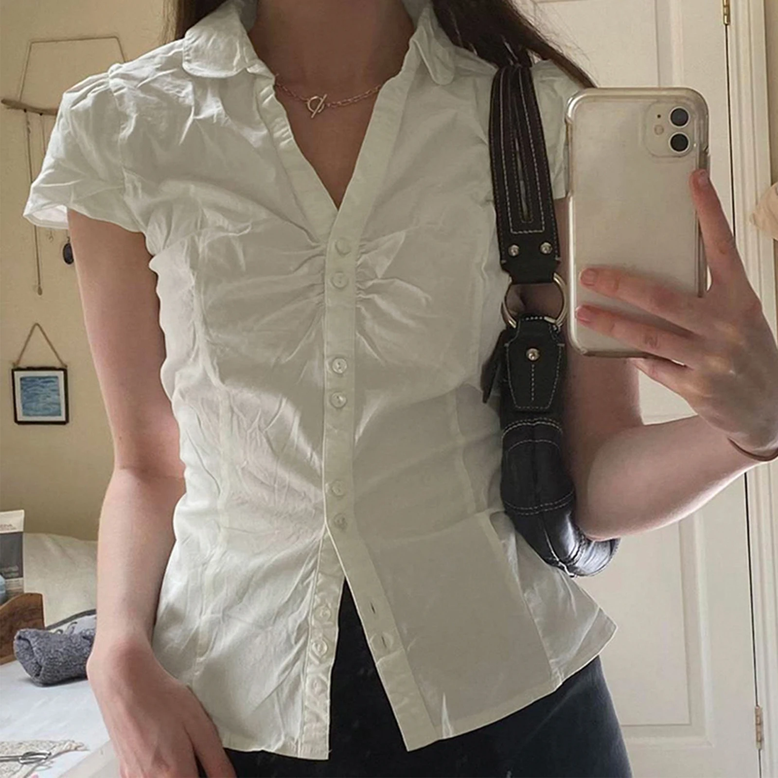 Women’s Short Sleeve White Button Up Shirt Casual Office Summer Blouse